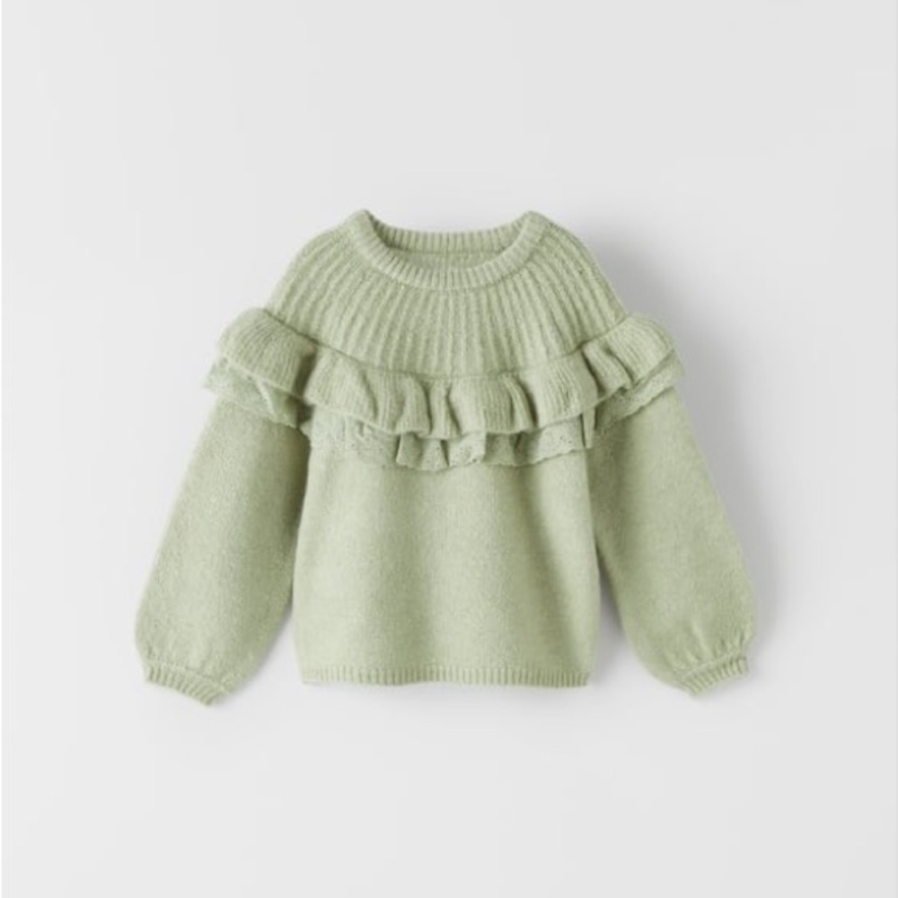Kid’s Sage Green Ruffled Knit Sweater